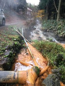 道路の横に温泉源があった、手を浸けたら温い！