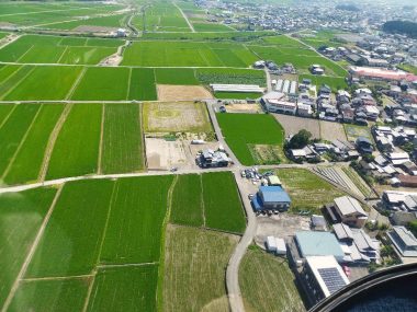 中央付近になんとなく丸く見えている所をめがけて着陸態勢に入っています