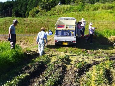 田んぼが軟らかくてコンバインが何度も沈むがかろうじて脱出できた