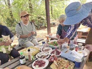 数種類のピザ、カツオのたたきと刺身、おにぎり、コーヒー、饅頭、どら焼き、結局食べ過ぎとなった